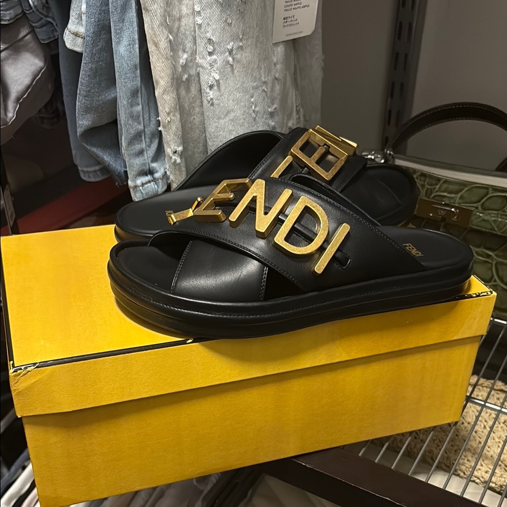 Fendi Black Slides with Gold Logo